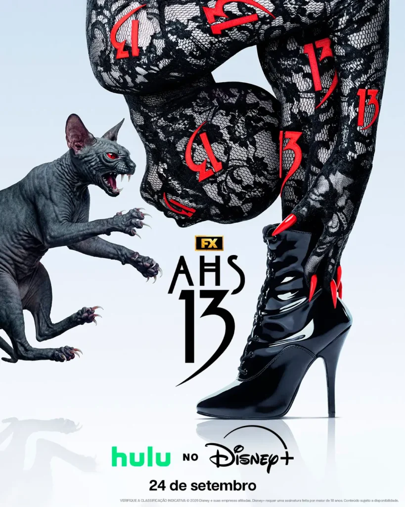 American Horror Story: 13 com criatura felina e personagem usando meia-calça preta na arte oficial da temporada