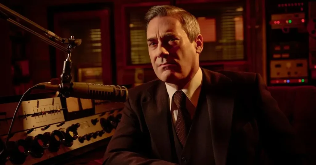 Jon Hamm como Fred Heckman em estúdio de rádio em American Hostage