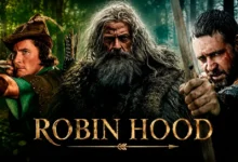 Evolução de Robin Hood no cinema com Errol Flynn, Sean Connery e Russell Crowe representando diferentes gerações do lendário arqueiro de Sherwood.
