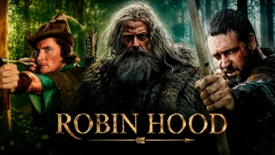 Evolução de Robin Hood no cinema com Errol Flynn, Sean Connery e Russell Crowe representando diferentes gerações do lendário arqueiro de Sherwood.