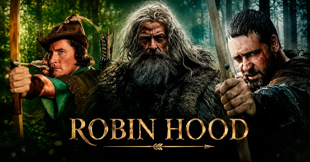 Evolução de Robin Hood no cinema com Errol Flynn, Sean Connery e Russell Crowe representando diferentes gerações do lendário arqueiro de Sherwood.