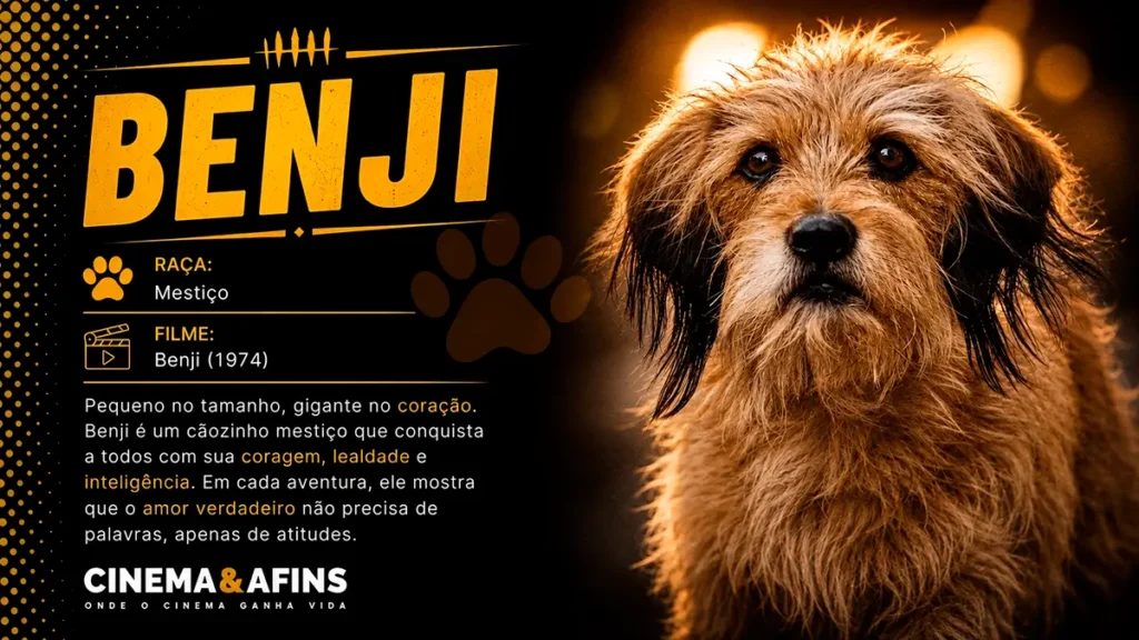 Benji, o cão mestiço protagonista do filme Benji (1974), em arte gráfica do Cinema & Afins