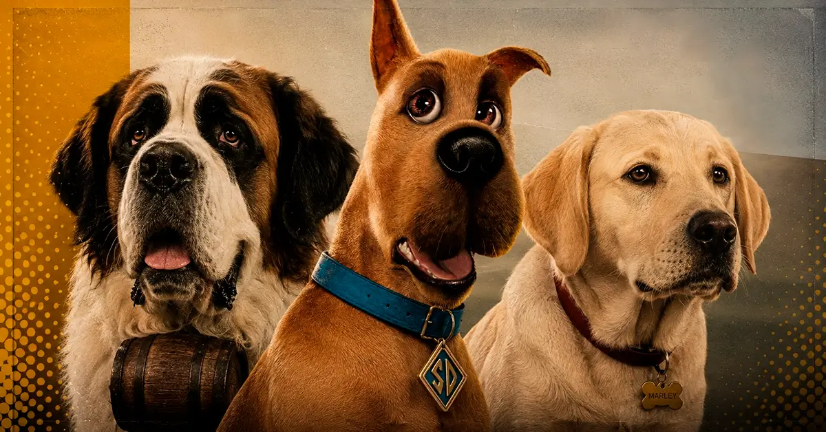 Cachorros mais marcantes do cinema reunidos em arte editorial com São Bernardo, Scooby-Doo e Marley, destacando cães famosos de filmes.