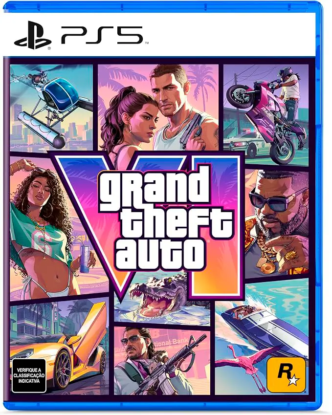 Capa oficial de Grand Theft Auto VI (GTA 6) para PlayStation 5 (PS5), destacando Jason, Lucia e personagens do jogo em Vice City.