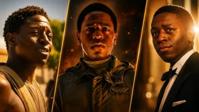 David Jonsson em montagem com três personagens marcantes da carreira. Ator é apontado como o novo Pantera Negra do Universo Cinematográfico da Marvel (MCU).