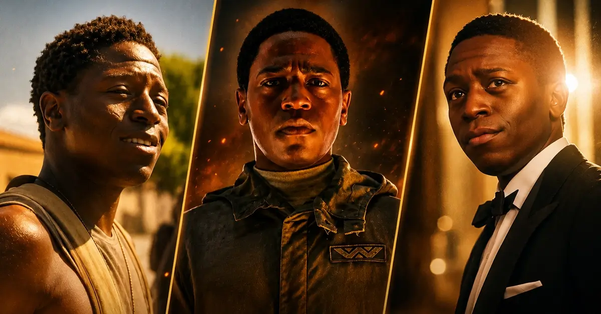 David Jonsson em montagem com três personagens marcantes da carreira. Ator é apontado como o novo Pantera Negra do Universo Cinematográfico da Marvel (MCU).