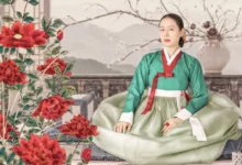 Son Ye-jin interpreta Lady Cho em Escândalo e Intriga (The Scandal), nova minissérie coreana da Netflix ambientada na era Joseon; a atriz aparece sentada em um cenário tradicional cercado por flores vermelhas.