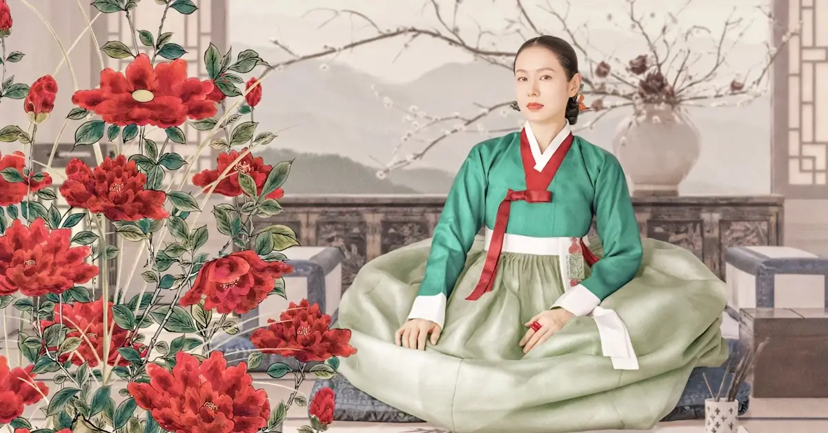 Son Ye-jin interpreta Lady Cho em Escândalo e Intriga (The Scandal), nova minissérie coreana da Netflix ambientada na era Joseon; a atriz aparece sentada em um cenário tradicional cercado por flores vermelhas.