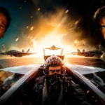 Montagem com cenas de Top Gun: Maverick, O Brutalista e Indiana Jones e a Relíquia do Destino, três dos Filmes que utilizaram Inteligência Artificial em diferentes etapas da produção.