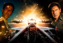 Montagem com cenas de Top Gun: Maverick, O Brutalista e Indiana Jones e a Relíquia do Destino, três dos Filmes que utilizaram Inteligência Artificial em diferentes etapas da produção.