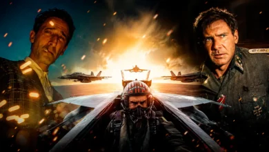Montagem com cenas de Top Gun: Maverick, O Brutalista e Indiana Jones e a Relíquia do Destino, três dos Filmes que utilizaram Inteligência Artificial em diferentes etapas da produção.