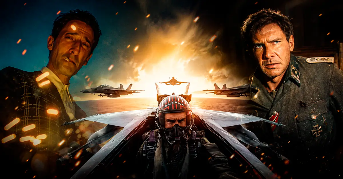 Montagem com cenas de Top Gun: Maverick, O Brutalista e Indiana Jones e a Relíquia do Destino, três dos Filmes que utilizaram Inteligência Artificial em diferentes etapas da produção.