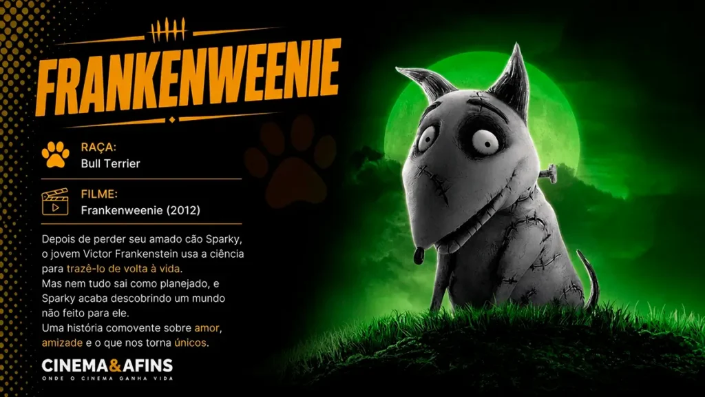 Sparky, o Bull Terrier de Frankenweenie (2012), em arte gráfica inspirada no filme de Tim Burton