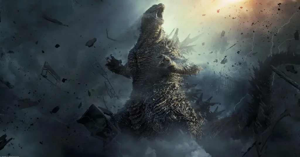 Godzilla em cena de Godzilla Minus Zero (2026), sequência dirigida por Takashi Yamazaki, durante um ataque devastador que ameaça cidades.