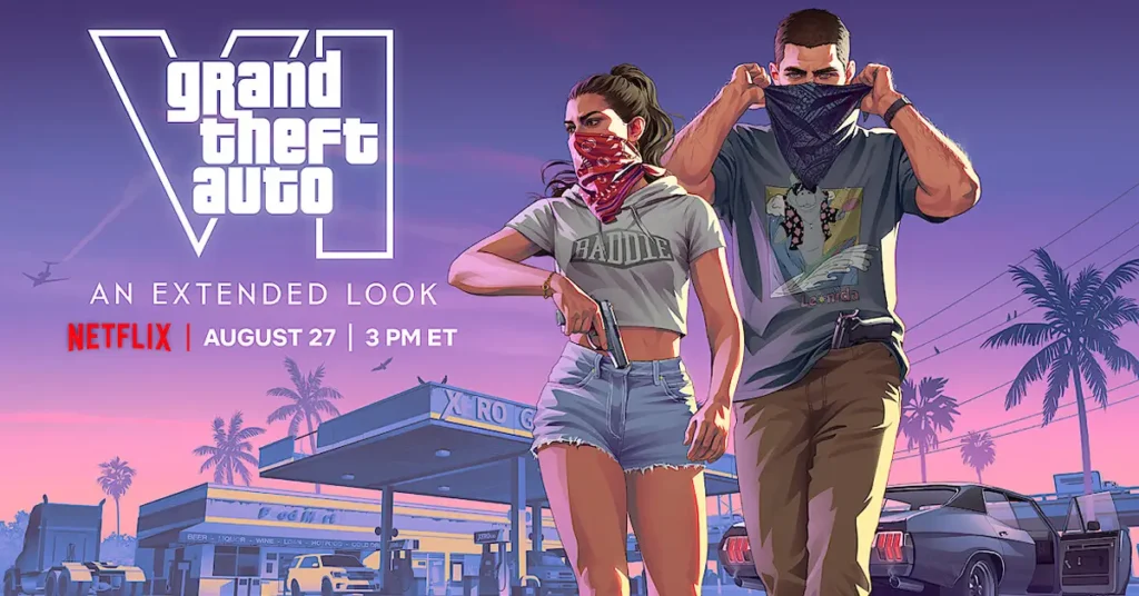 Banner oficial de Grand Theft Auto VI (GTA 6) anunciando a apresentação estendida "An Extended Look", que será exibida na Netflix em 27 de agosto.
