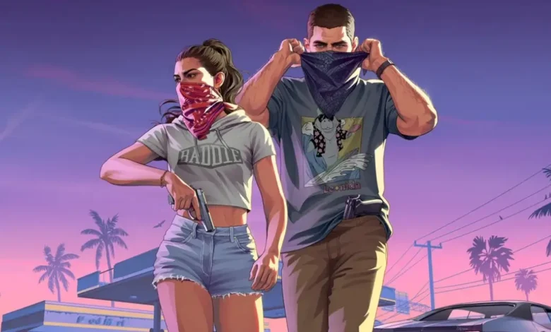 Jason e Lucia em arte oficial de Grand Theft Auto VI (GTA 6), destacando a parceria entre Rockstar Games e Netflix para apresentação estendida do jogo.