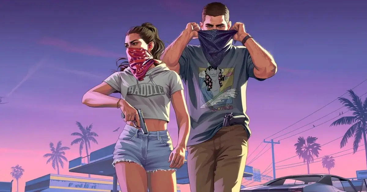 Jason e Lucia em arte oficial de Grand Theft Auto VI (GTA 6), destacando a parceria entre Rockstar Games e Netflix para apresentação estendida do jogo.