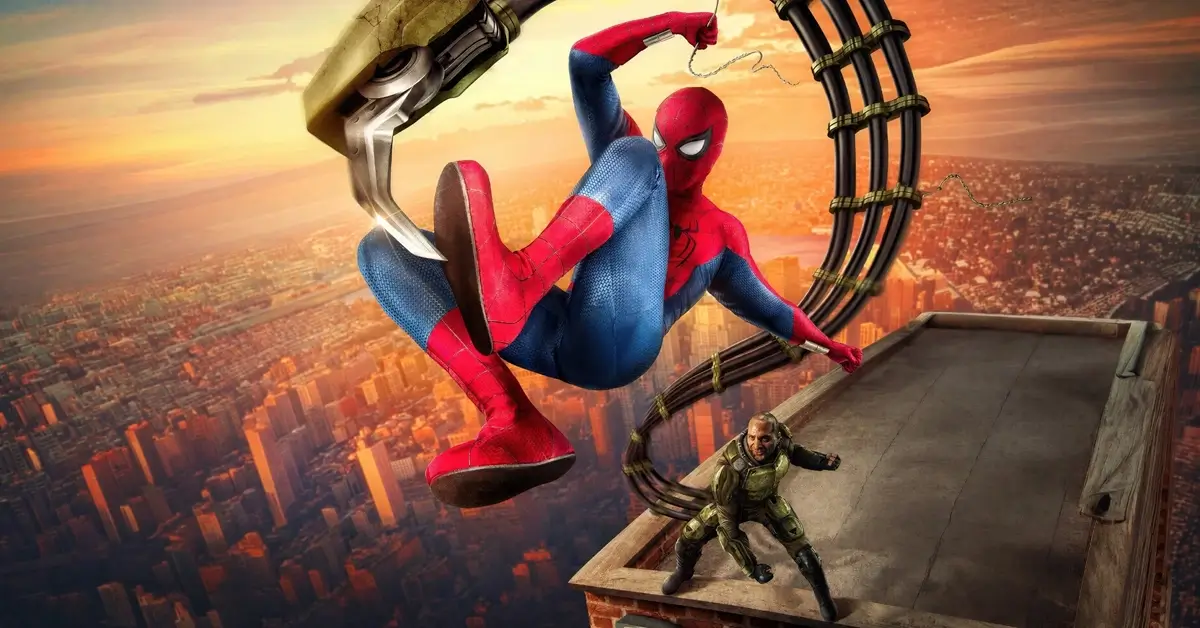 Homem-Aranha em ação sobre Nova York ao lado do Doutor Octopus em cena de Homem-Aranha: Um Novo Dia