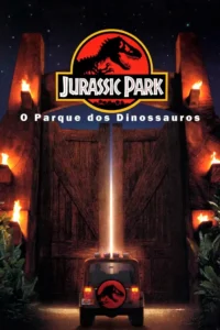 Pôster de Jurassic Park: O Parque dos Dinossauros (1993), clássico dirigido por Steven Spielberg com o icônico portão do parque e o logotipo da franquia.