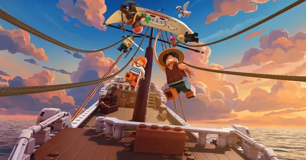 Luffy e outros personagens de LEGO ONE PIECE navegando em um navio durante o pôr do sol