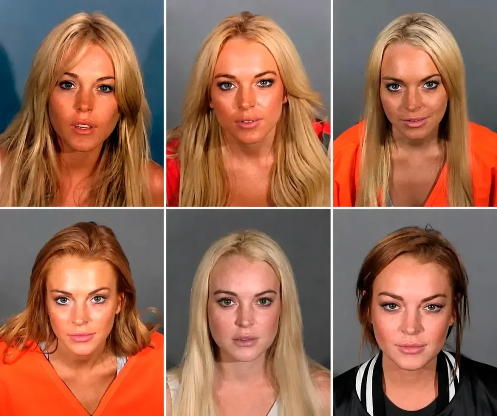 Lindsay Lohan em diferentes fotos de prisão durante problemas com a Justiça