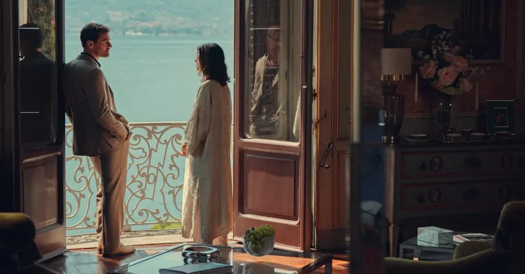James como Eddie Horniman e Benedetta Porcaroli como Bella em Magnatas do Crime: Temporada 2, da Netflix.