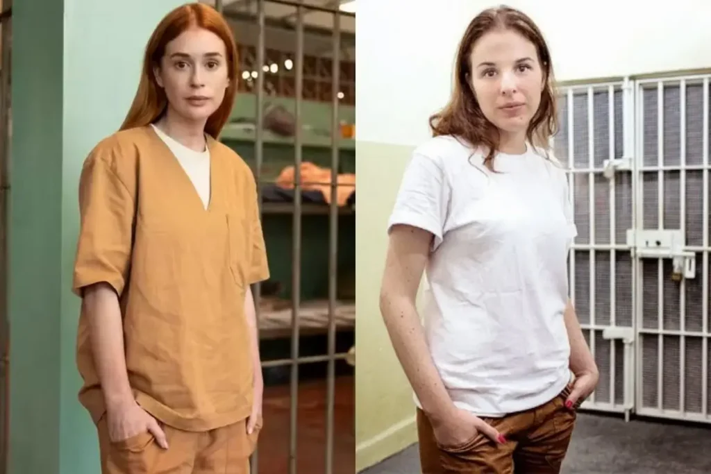 : Marina Ruy Barbosa como Suzane von Richthofen em Tremembé ao lado de imagem da personagem real