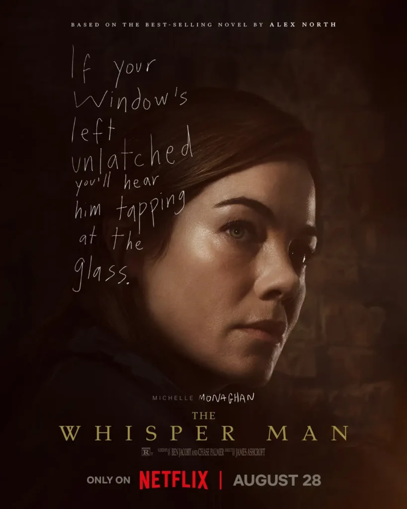 Michelle Monaghan em cartaz de O Homem que Sussurra com expressão apreensiva