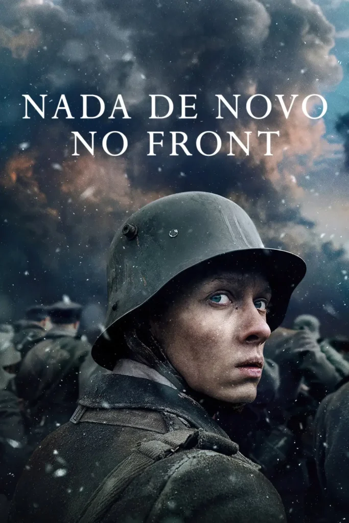 Pôster de Nada de Novo no Front mostrando um jovem soldado alemão durante a Primeira Guerra Mundial