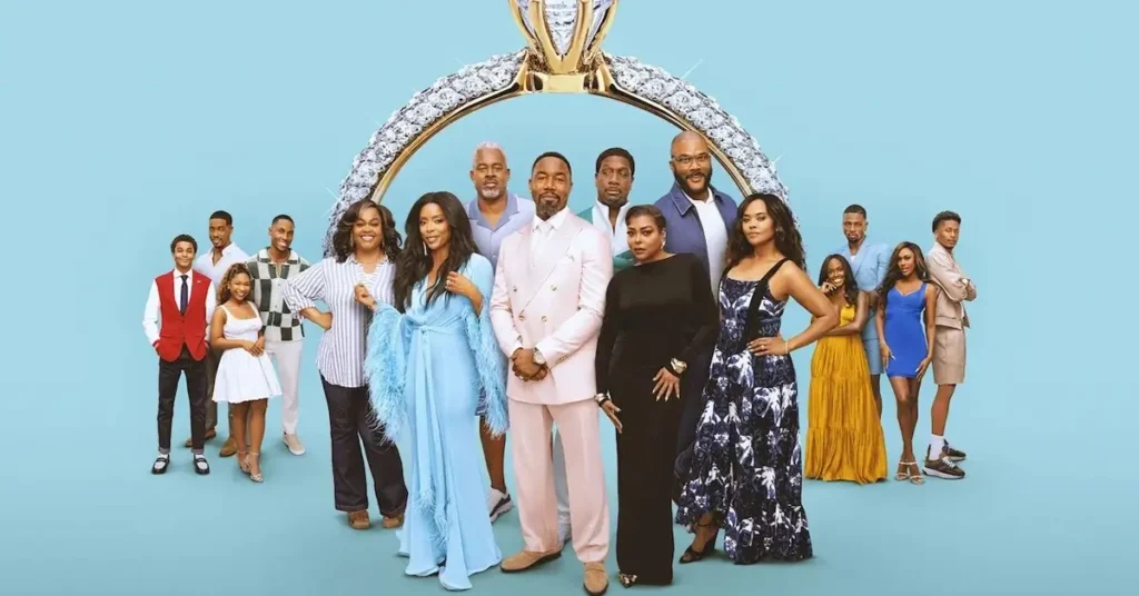 Elenco de Por Que Eu Me Casei de Novo? reunido em foto promocional, com Tyler Perry, Taraji P. Henson, Jill Scott, Michael Jai White e outros personagens da franquia.