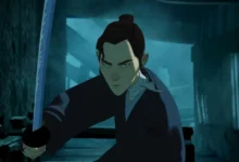 Mizu empunha sua espada em cena do trailer da 2ª temporada de Samurai de Olhos Azuis