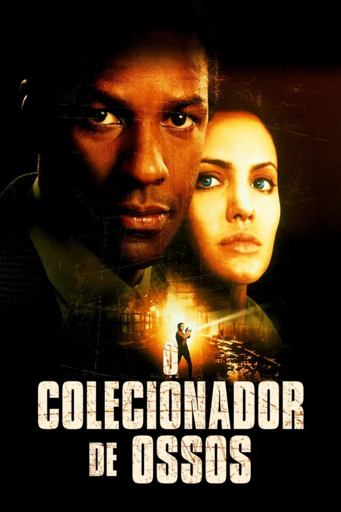 Pôster de O Colecionador de Ossos com Denzel Washington e Angelina Jolie em um thriller policial