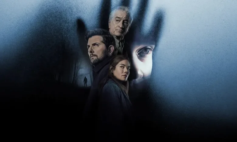 Imagem de O Homem que Sussurra mostra Robert De Niro, Adam Scott e Michelle Monaghan em clima sombrio