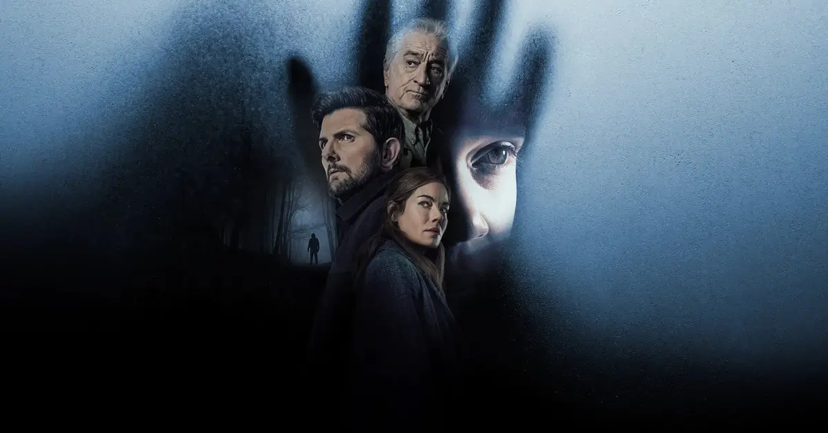 Imagem de O Homem que Sussurra mostra Robert De Niro, Adam Scott e Michelle Monaghan em clima sombrio