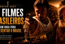 Arte sobre o Oscar 2027 com imagens dos filmes Cinco Tipos de Medo e Malês, destacando produções brasileiras na disputa para representar o Brasil na categoria de Melhor Filme Internacional. Os dois longas estão entre os 15 filmes habilitados pela Academia Brasileira de Cinema para a seleção nacional.