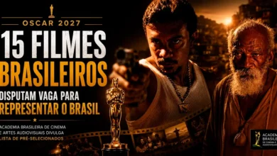 Arte sobre o Oscar 2027 com imagens dos filmes Cinco Tipos de Medo e Malês, destacando produções brasileiras na disputa para representar o Brasil na categoria de Melhor Filme Internacional. Os dois longas estão entre os 15 filmes habilitados pela Academia Brasileira de Cinema para a seleção nacional.