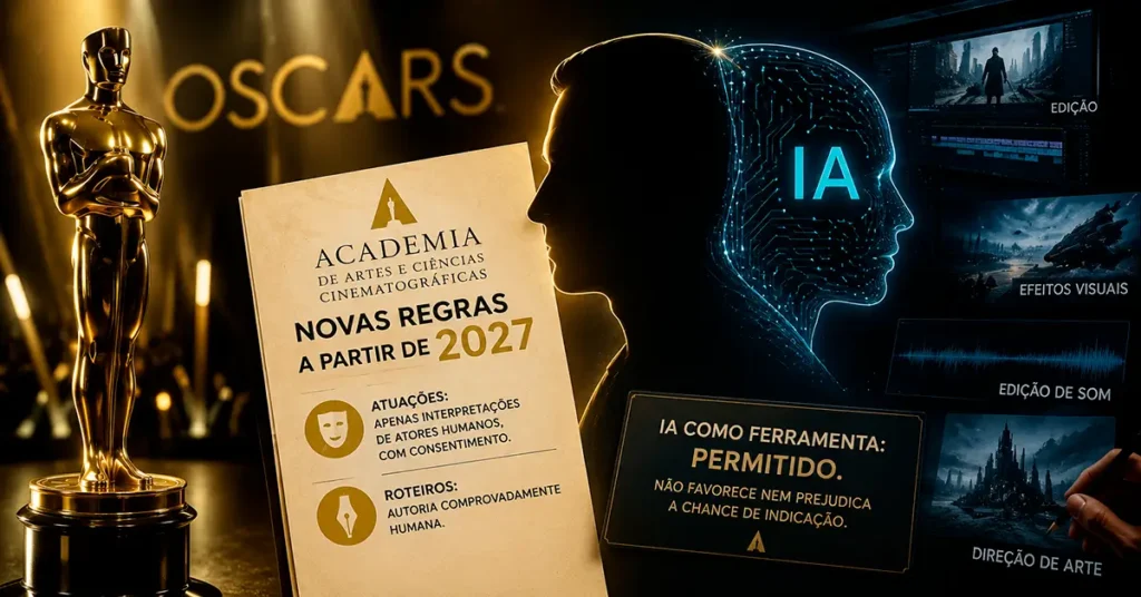 Arte editorial sobre as novas regras do Oscar 2027 para o uso de inteligência artificial em filmes, destacando a preservação da autoria humana.