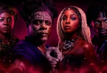 Personagens de Filhos de Sangue e Osso reunidos em arte promocional com Zélie, Mama Agba, Lekan e Tzain.