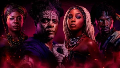 Personagens de Filhos de Sangue e Osso reunidos em arte promocional com Zélie, Mama Agba, Lekan e Tzain.