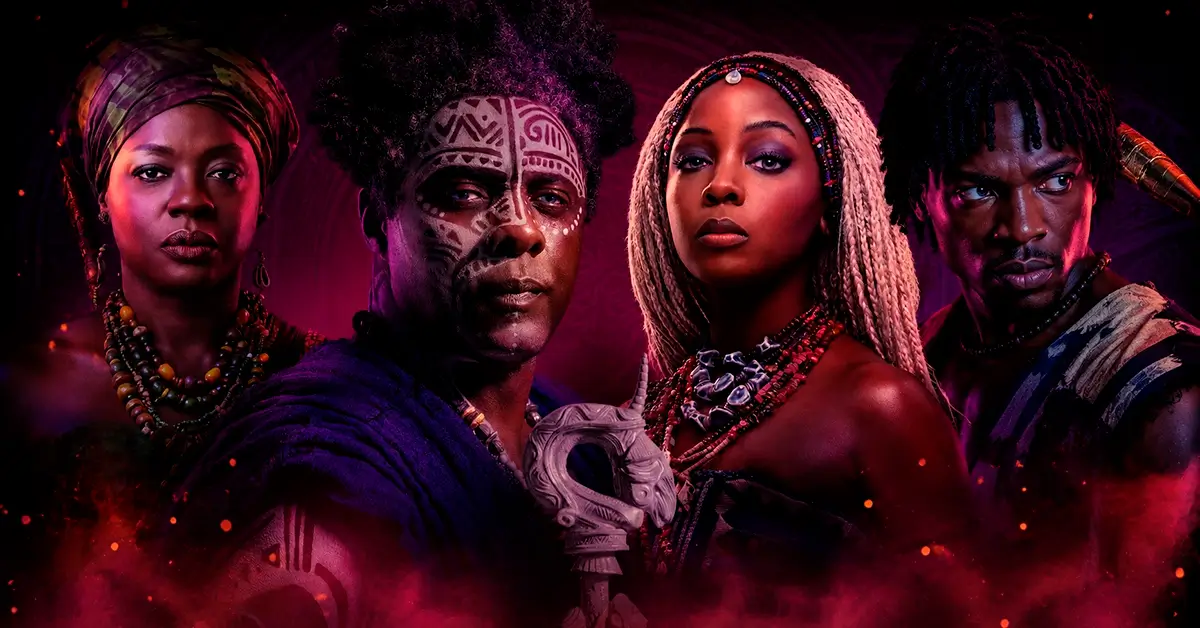 Personagens de Filhos de Sangue e Osso reunidos em arte promocional com Zélie, Mama Agba, Lekan e Tzain.