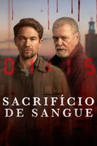 Pôster oficial da série Sacrifício de Sangue (2026), da Netflix, com Jakob Oftebro e Peter Andersson em destaque e elementos visuais que remetem a um serial killer.