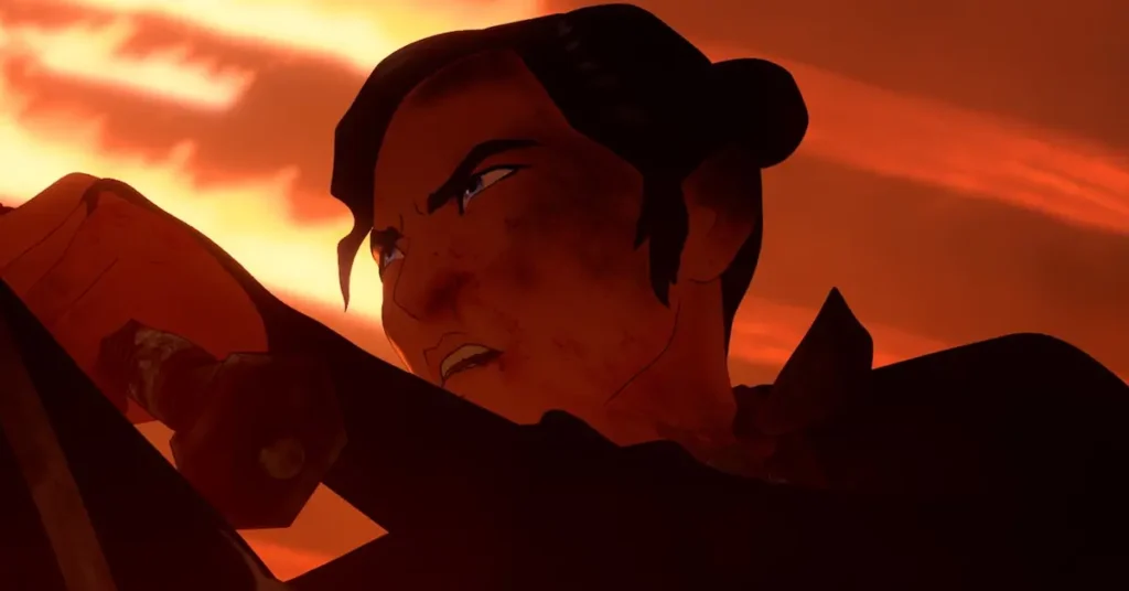Mizu olha para o horizonte sob céu avermelhado em cena do trailer da 2ª temporada de Samurai de Olhos Azuis