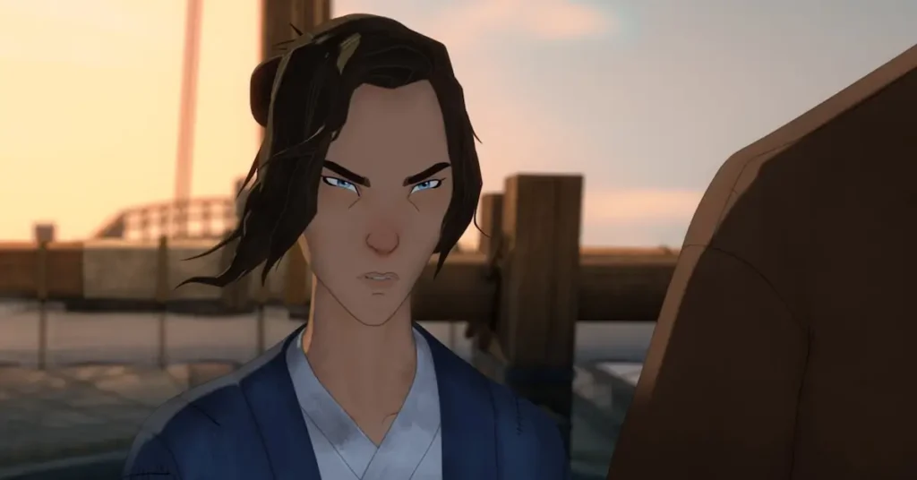 Texto alternativo (alt text): Mizu observa em silêncio em um cais, em nova cena da 2ª temporada de Samurai de Olhos Azuis