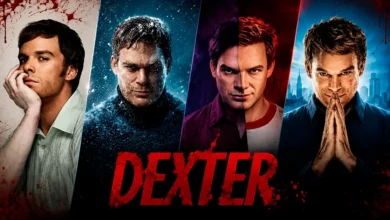 Dexter em montagem cinematográfica que reúne diferentes fases do personagem ao longo da franquia, com Michael C. Hall em quatro versões e referências visuais às séries Dexter, Dexter: New Blood, Dexter: Pecado Original e Dexter: Ressurreição.