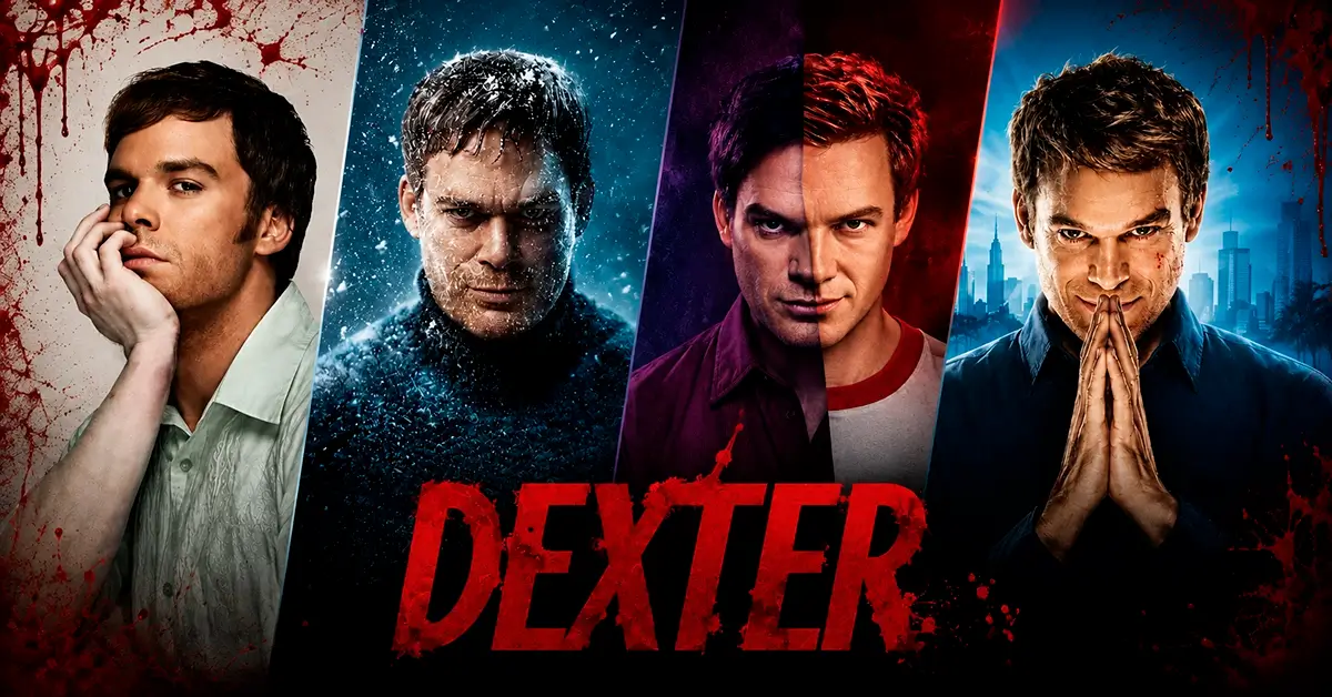 Dexter em montagem cinematográfica que reúne diferentes fases do personagem ao longo da franquia, com Michael C. Hall em quatro versões e referências visuais às séries Dexter, Dexter: New Blood, Dexter: Pecado Original e Dexter: Ressurreição.
