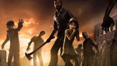 Dave Fennoy como Lee Everett e Melissa Hutchison como Clementine em The Walking Dead: The Game