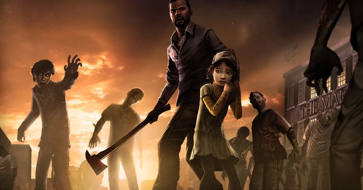 Dave Fennoy como Lee Everett e Melissa Hutchison como Clementine em The Walking Dead: The Game