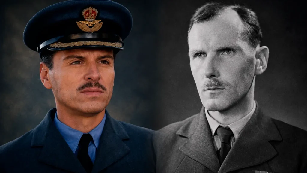 Andrew Scott como James Stagg ao lado da fotografia histórica do meteorologista britânico em Pressão