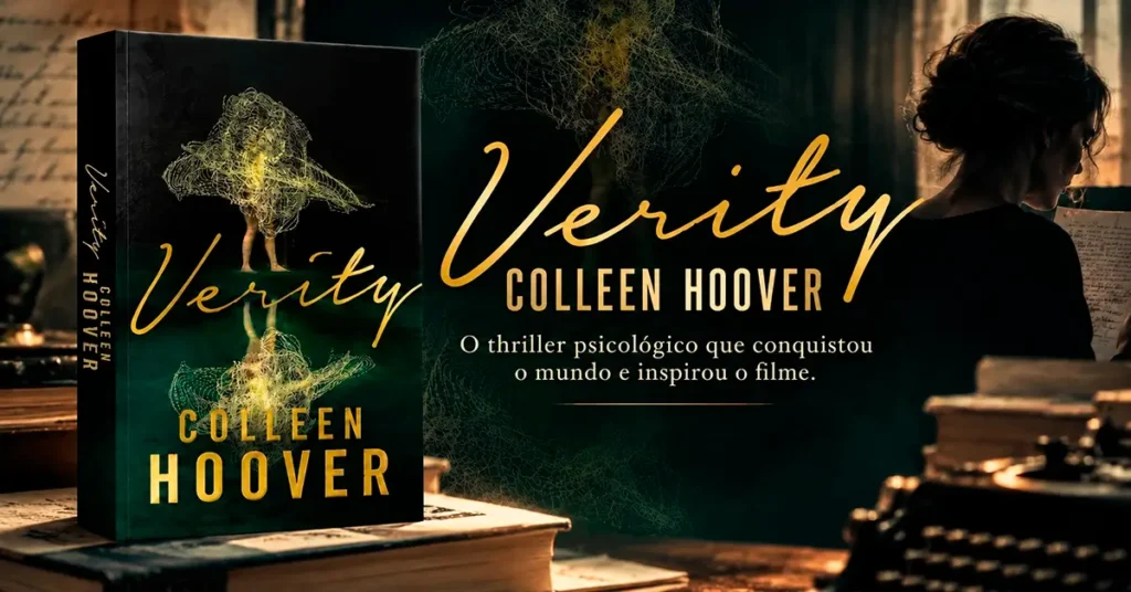 Banner do livro Verity, de Colleen Hoover, thriller psicológico que inspirou o filme com Dakota Johnson e Anne Hathaway.