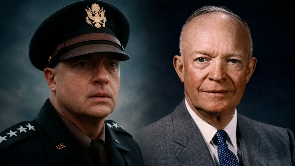 Brendan Fraser como Dwight Eisenhower ao lado da imagem histórica do general em Pressão